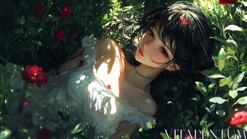 Luminous anime portrait of girl reclining in rose thicket.