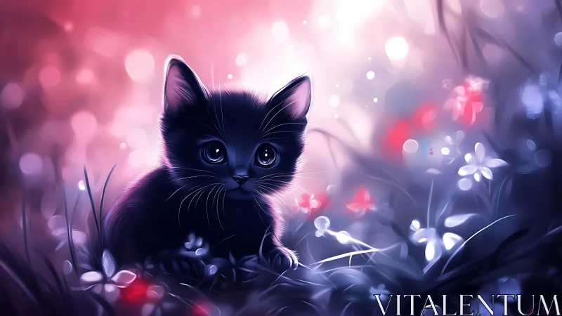 Black cat kitten with blue eyes in soft pink purple bokeh garden setting
