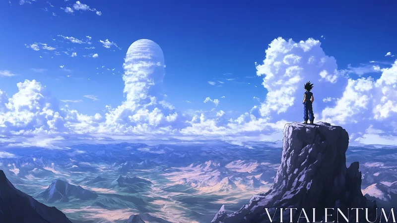 Anime landscape panorama with lone figure on high summit.