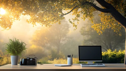 Sunlit outdoor workspace under leafy tree canopy at dawn
