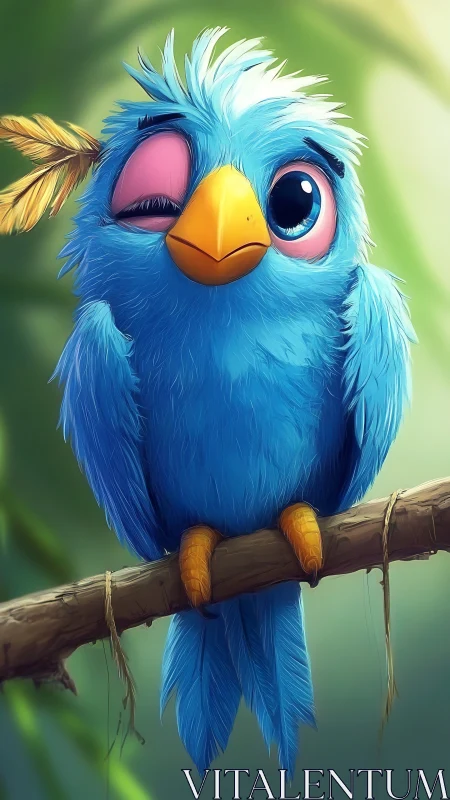 Blue cartoon songbird with asymmetrical eyes on branch.