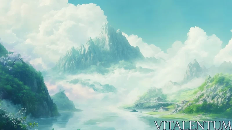 Misty mountain haven above a quiet emerald river valley.