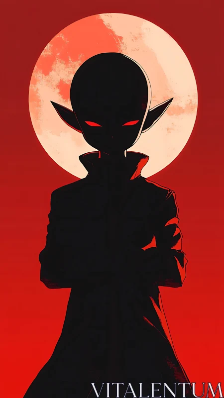 Silhouetted alien figure against scarlet lunar backlight.