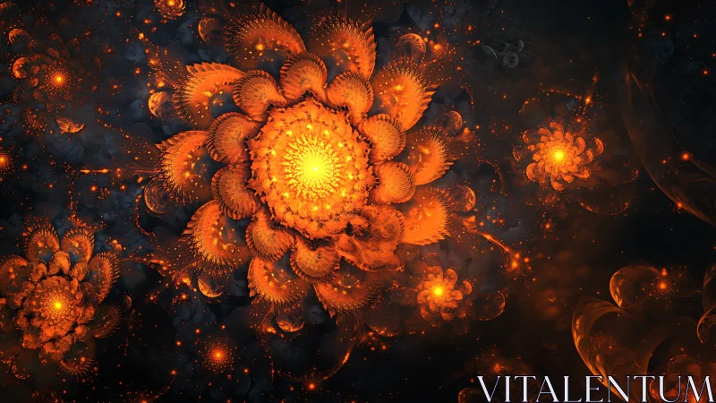 Fractal orange nebula blooms radiate within deep cosmic void