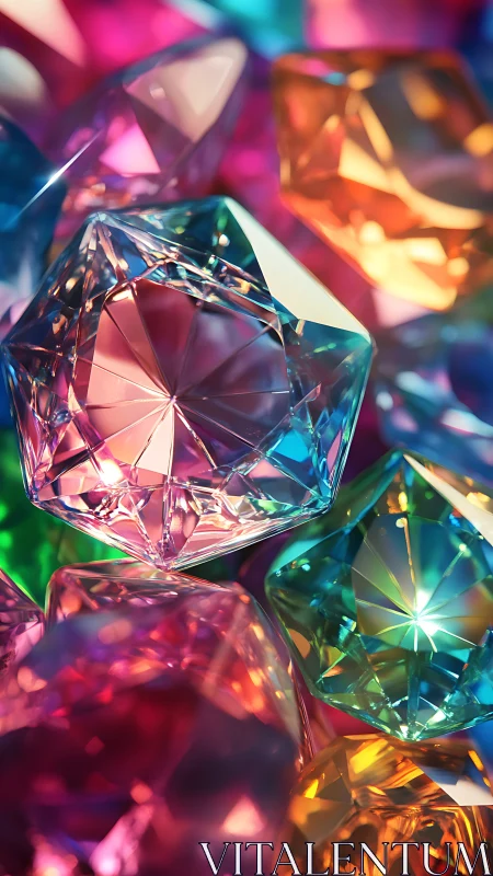 Prismatic crystal gems under saturated rainbow lighting.