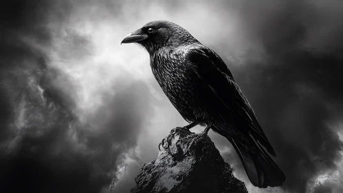 Raven stands on rock against dense monochrome cloud field