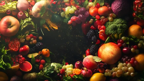 Vibrant seasonal fruits and vegetables frame dark center space.