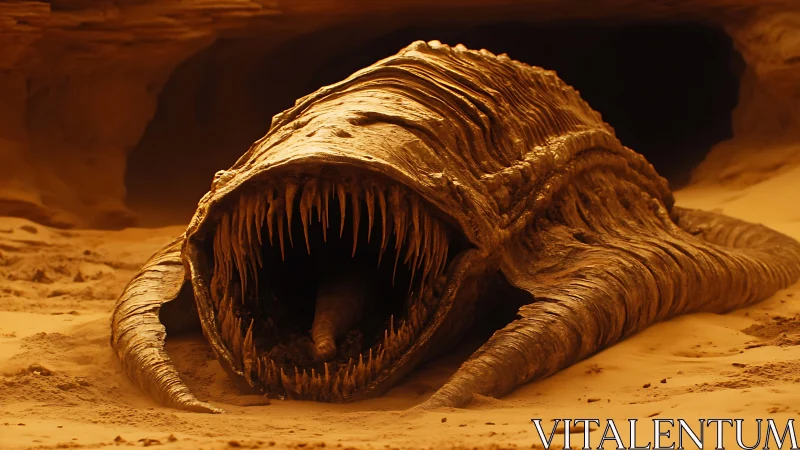 Desert sand beast rests with gaping, toothy cavernous jaws