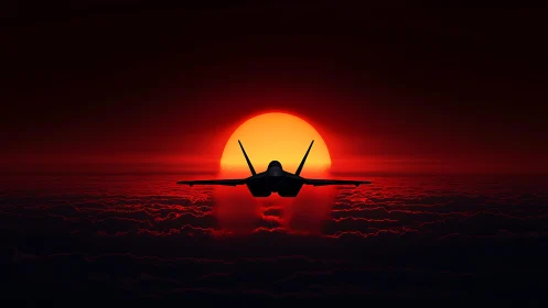 Stealth jet silhouette over red cloud deck at solar horizon