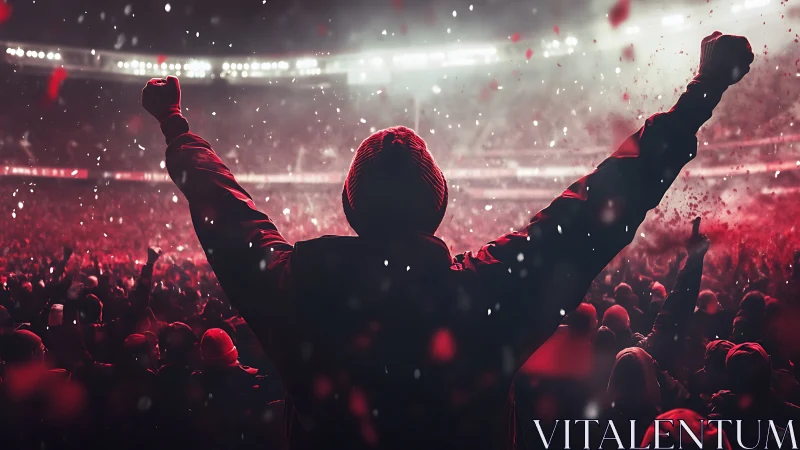 Arms-raised hero crowns a roaring stadium in red haze.