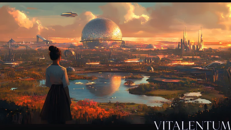 Sunset dreamer gazes across a shimmering utopian future cityscape.