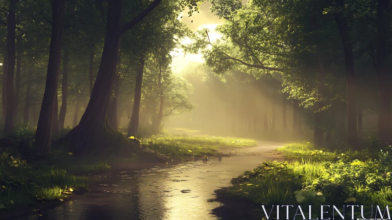 Forest stream illuminated by golden morning light through dense canopy.