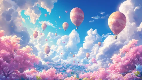 Hot air balloons over townscape and pink blossom trees.