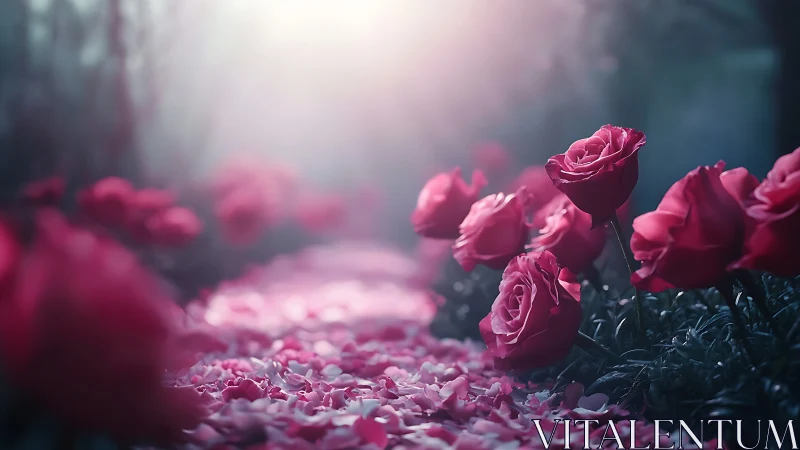 Crimson roses scattered through misty garden light.