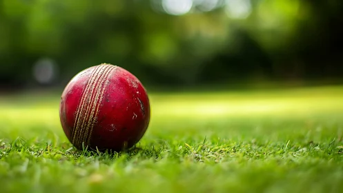 Red cricket ball resting on lush green grass field.