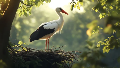 White Stork Standing in Nest, Sunlit Forest Photography.