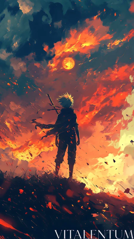Silhouetted swordsman observing fiery sky and distant sun.