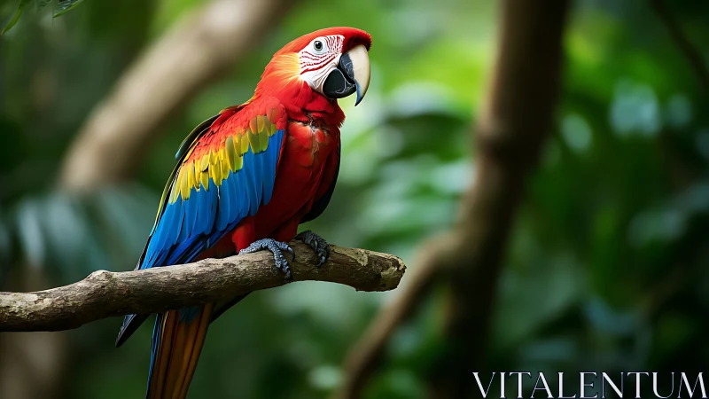 Vibrant Scarlet Macaw on Branch in Lush Rainforest, Photorealistic.