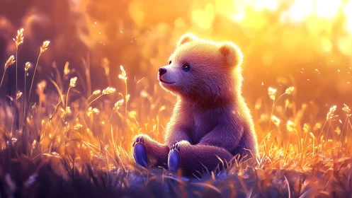 Backlit baby bear in golden meadow with glowing bokeh light