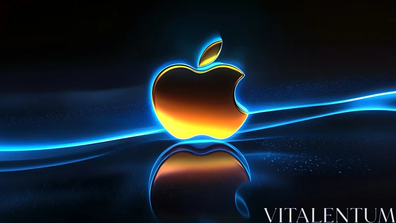 Luminous metallic apple emblem in neon ribbon environment.