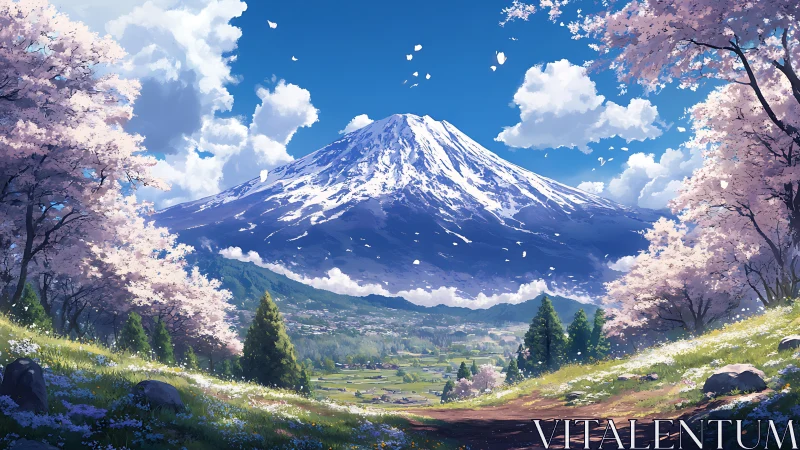 Snow crowned mountain rises over serene spring valley