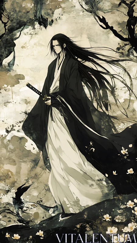 Samurai wanderer in ink-washed landscape with dynamic flow