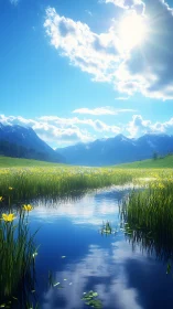 Rendered alpine valley stream reflects bright midday sun