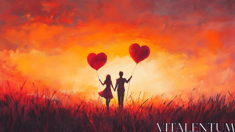 Silhouetted figures holding crimson heart-shaped balloons against gradient sunset landscape