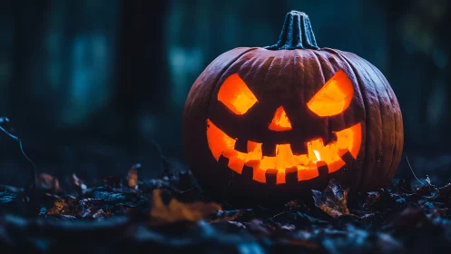 Glowing jack o lantern illuminates wet forest floor at night