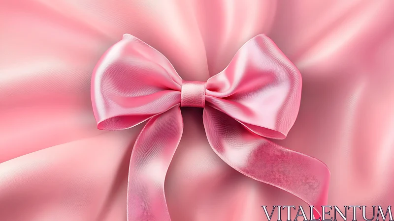 Pink satin bow with ribbons on blurred background