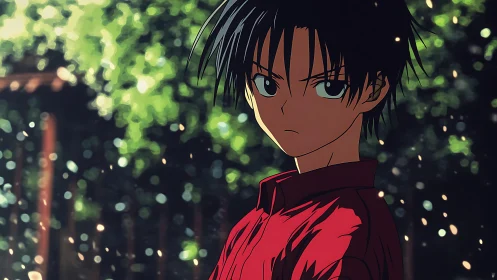 Brooding anime teen stands amid glowing forest embers.