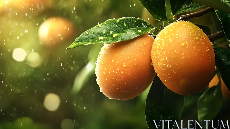 Ripe orange fruits with water droplets on tree branch.