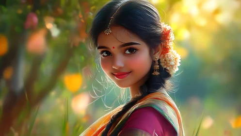 Traditional Indian Woman in Saree with Flowers, Digital Art Portrait.