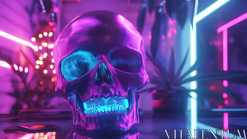 Luminous neon skull in reflective cyberpunk lounge interior.