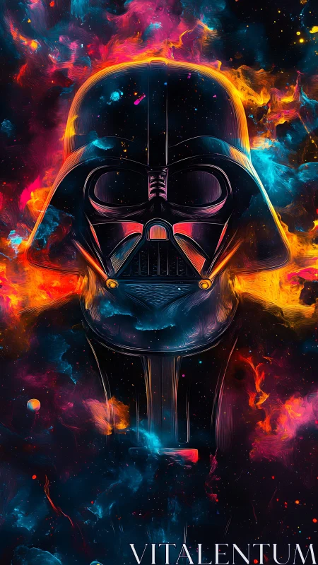 Galactic dark helmet portrait in neon cosmic nebula glow.