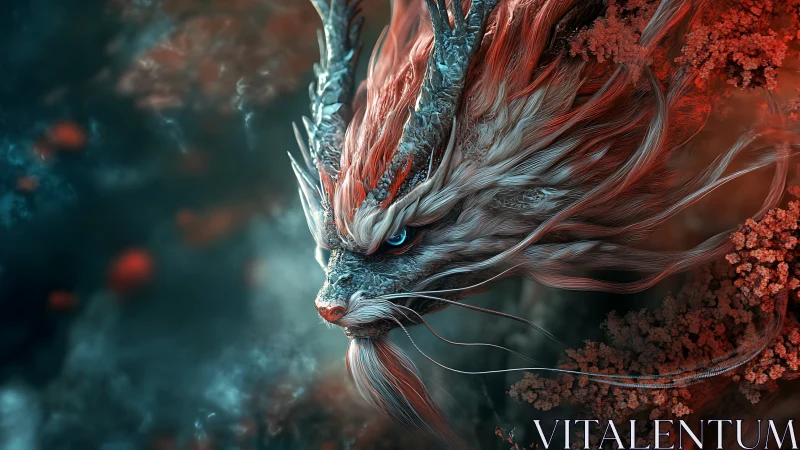 Mystical coral dragon drifting through a stormy dreamscape.