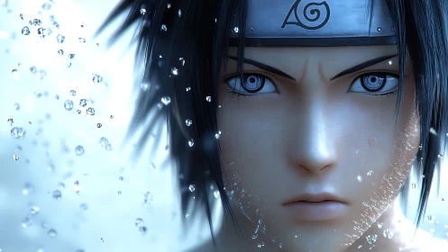 Hyperreal anime portrait isolates intense gaze amid water droplets