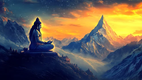 Meditating deity above luminous Himalayan sunrise peaks.
