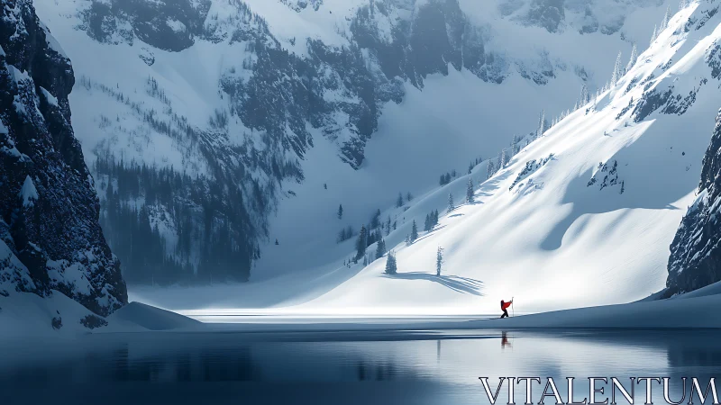 Solitary figure crosses frozen lake below steep snowy slopes