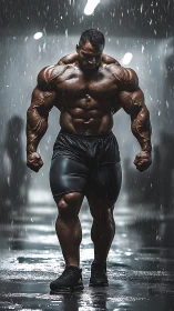 Muscular bodybuilder walks through rain in dramatic gym corridor.