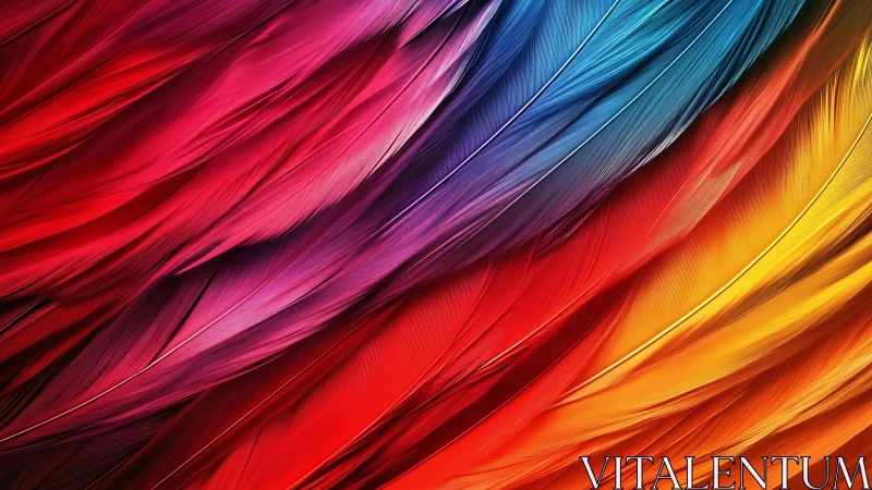 Vibrant abstract feathers in bold rainbow colors, digital art style.