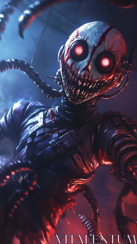 Cybernetic horror android advances with glowing ocular arrays