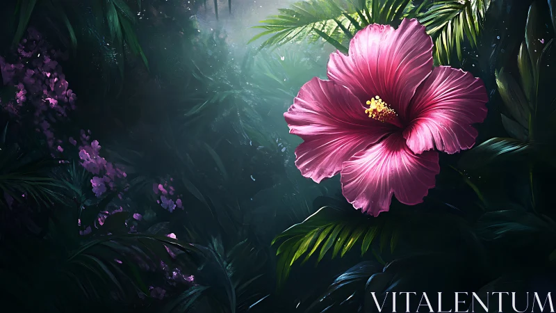 Pink Hibiscus Illuminated by Ethereal Light in Jungle Foliage