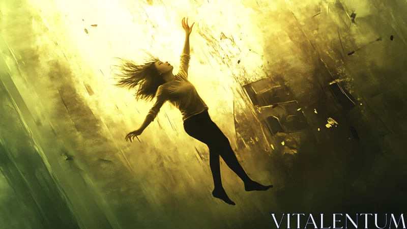 Solitary figure suspended in vertical golden light field.