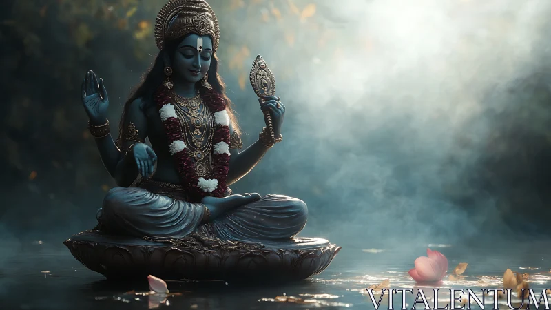 Moonlit water goddess in lotus calm upon silver mist.