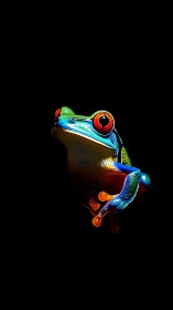 Vivid red eyed tree frog isolated on deep black background.