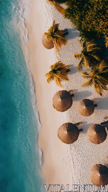 Aerial Coastal Composition: Palm Trees and Conical Umbrellas on Pristine Beach.
