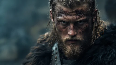 Battle-worn Viking warrior glares through cold northern mist