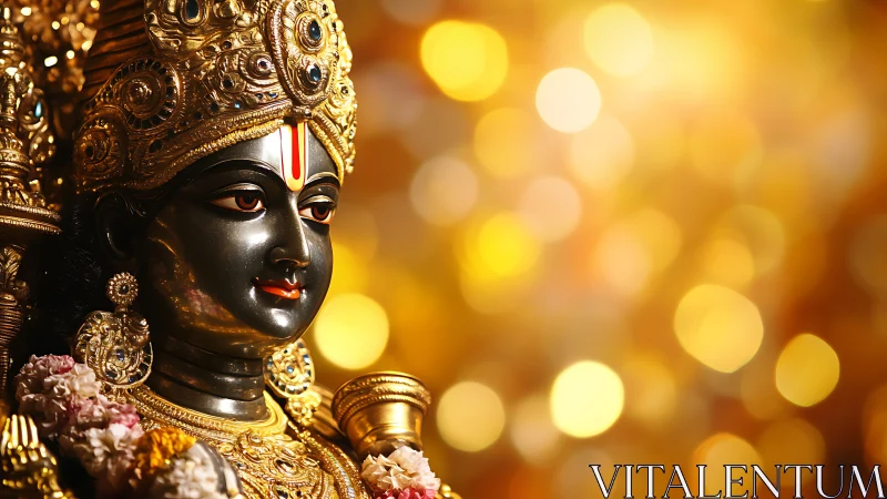 Ornate Hindu deity statue with golden bokeh background.