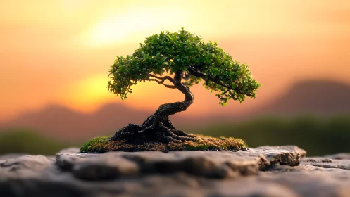 Solitary bonsai tree curves over rocky ledge at sunset